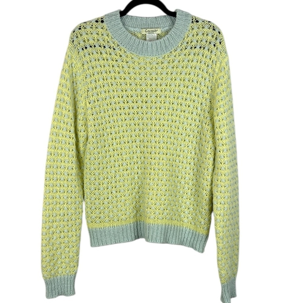 Cocogio Cozy Alpaca Blend Open Knit Crewneck Sweater Large Yellow Light Blue